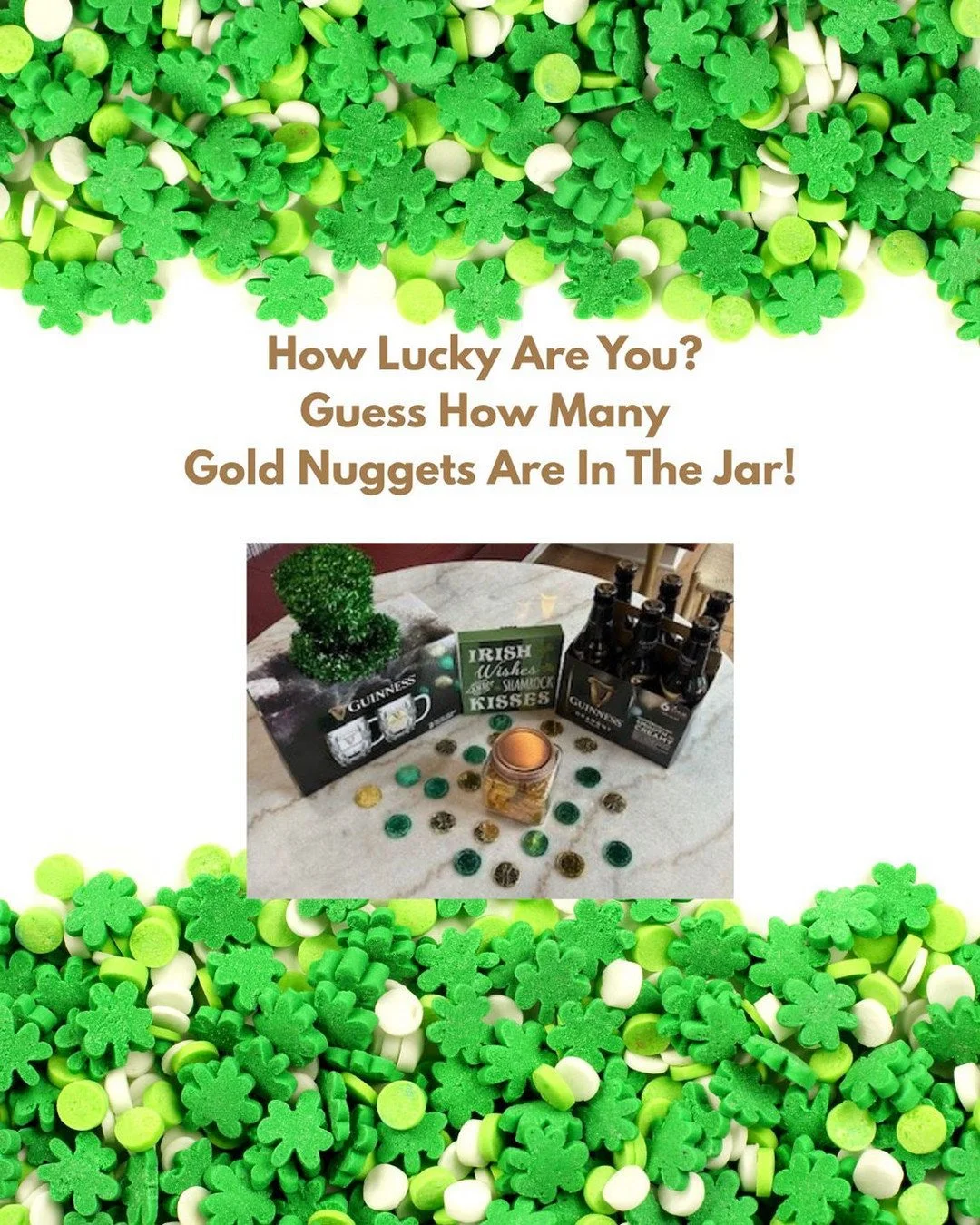 Like our post and leave us a google review and then stop by the office to test your luck and guess how many gold nuggets are in the jar! Winner will be annouced St. Patricks Day and recieve a 6-pack of Guinness, 2 Guinness mugs, $25 giftcard to Fado'