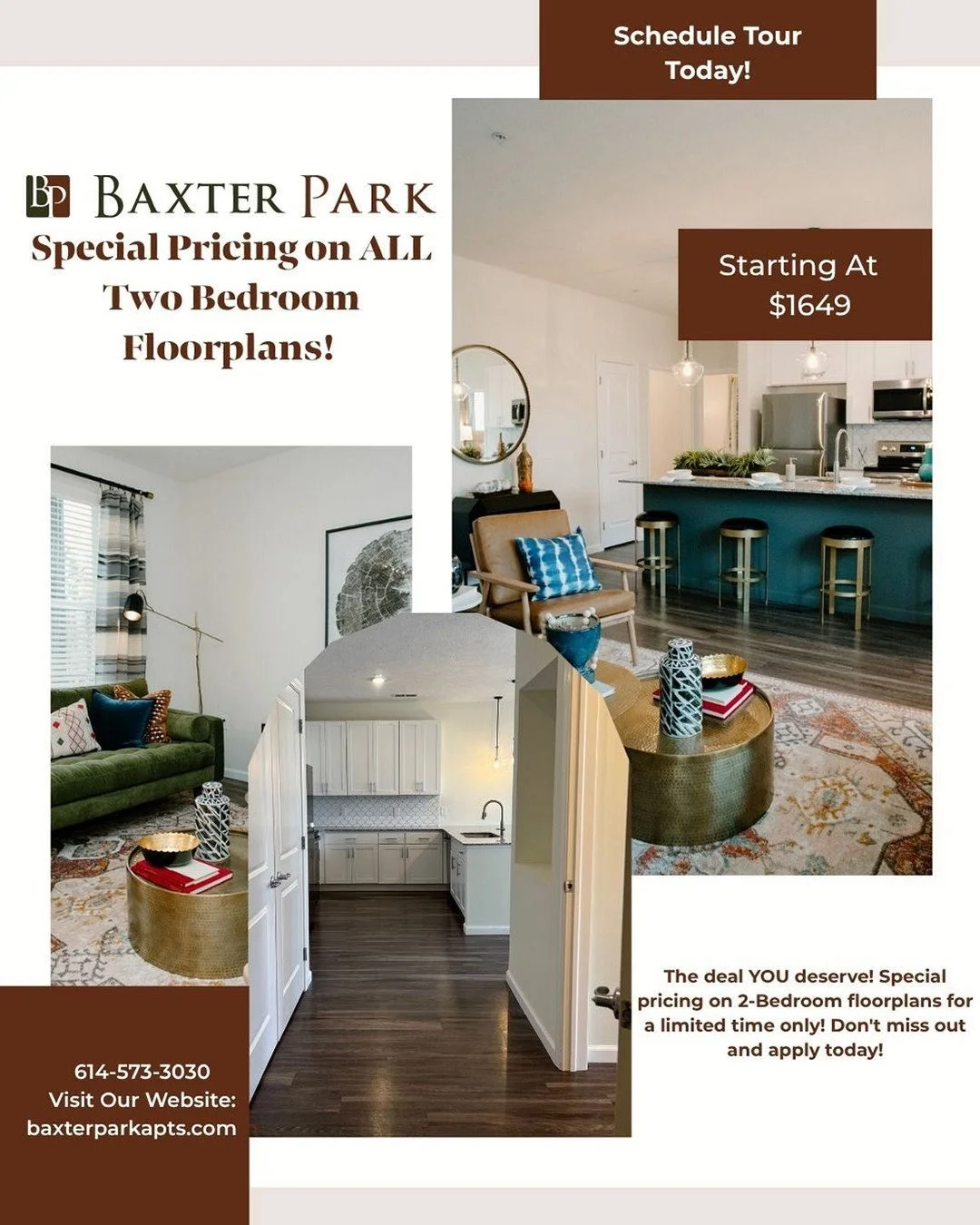 Great rates on our 2-bedroom 2-bath Pine and Cedar floorplans! Spring and Summer Availability! Make Baxter Park your new home! Call to schedule a tour today! 614-573-3030