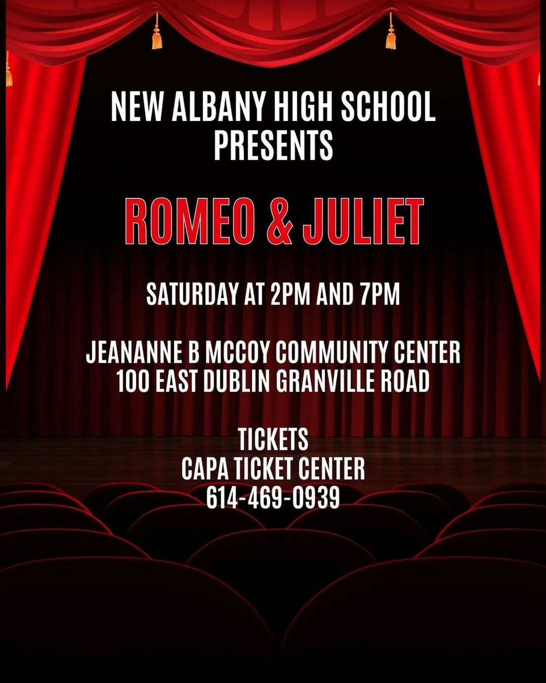 Something fun for Saturday! New Albany High School present Romeo &amp; Juliet Saturday at 2pm and 7pm, tickets available through CAPA Ticket Center. (614-469-0939)