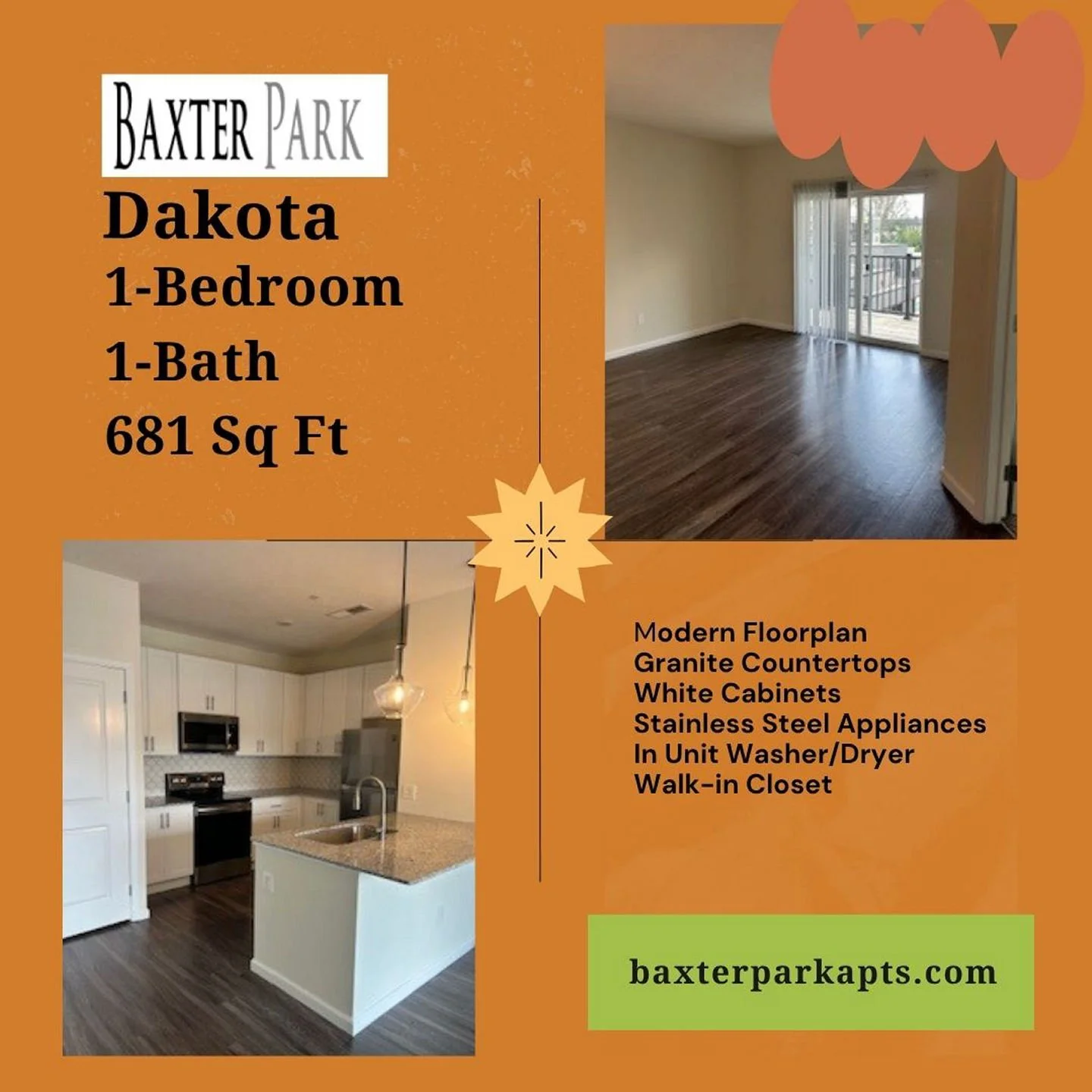 Call to schedule a tour to see our beauitful 1-bedroom Dakota Floorplan! 
614-573-3030
