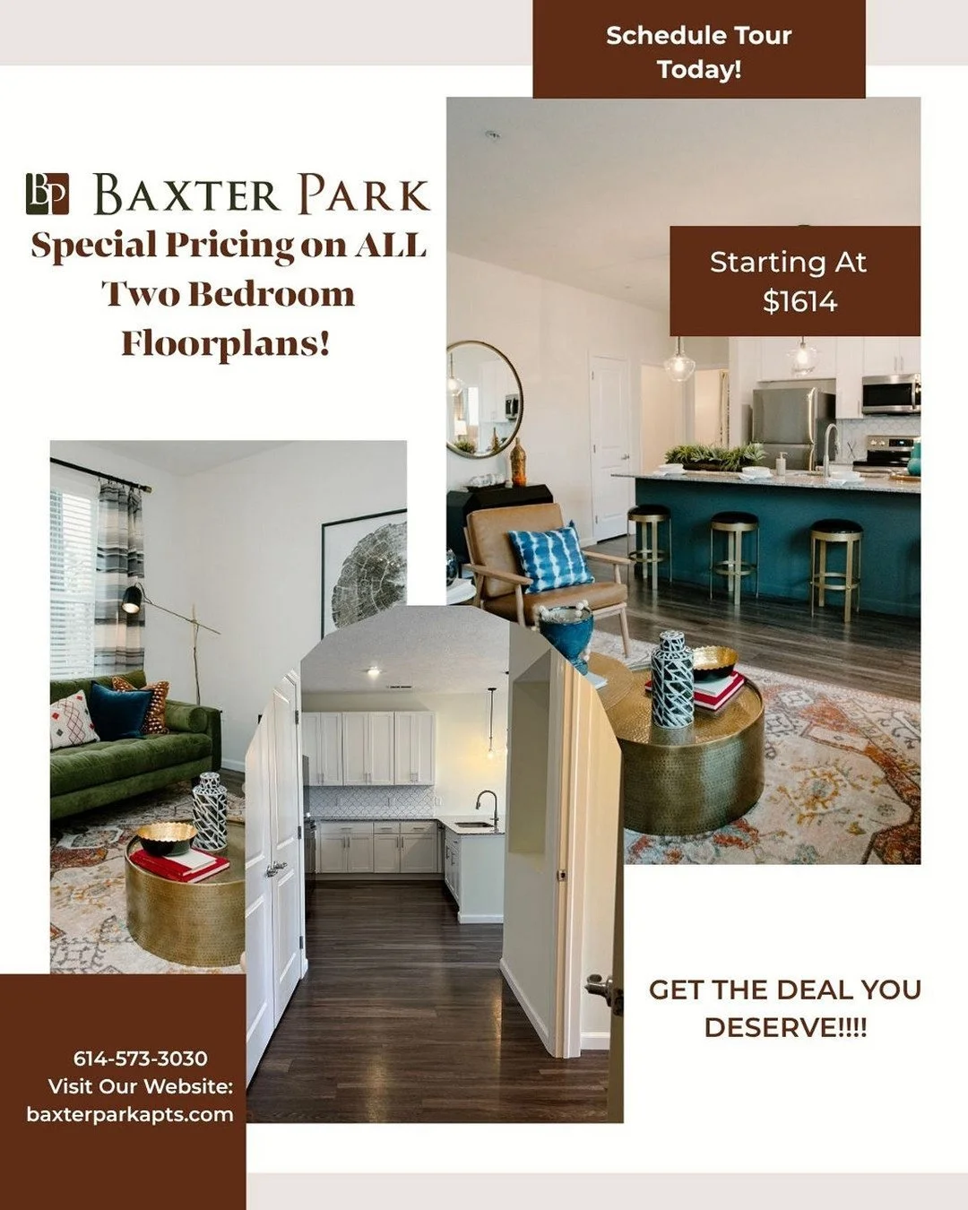 SPECIAL RATES ON 2-BEDROOM 2-BATH FLOORPLANS AT BAXTER PARK!!! Apply within 48 hours of your tour and we will waive the $175 Administrative Fee. Call to schedule a tour today! 614-573-3030