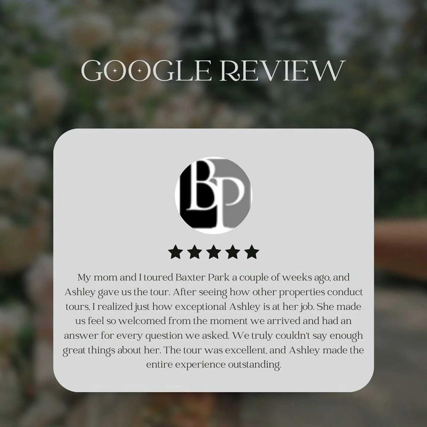 Google Review! We love hearing from residents and prospects! ⭐️⭐️⭐️⭐️⭐️