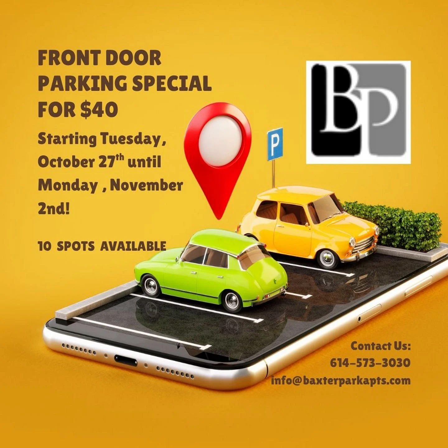 Front Door Parking for $40! Call the office to secure your spot! 614-573-3030