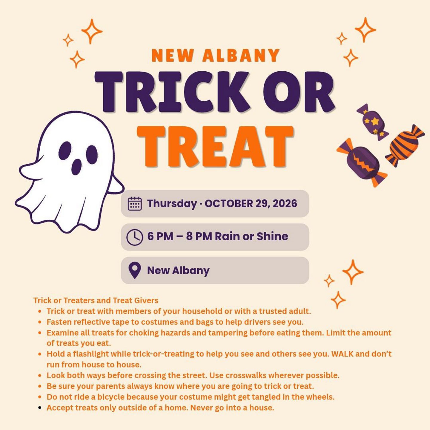 Trick or Treat in New Albany TONIGHT from 6pm-8pm! 🍬🎃🕷️