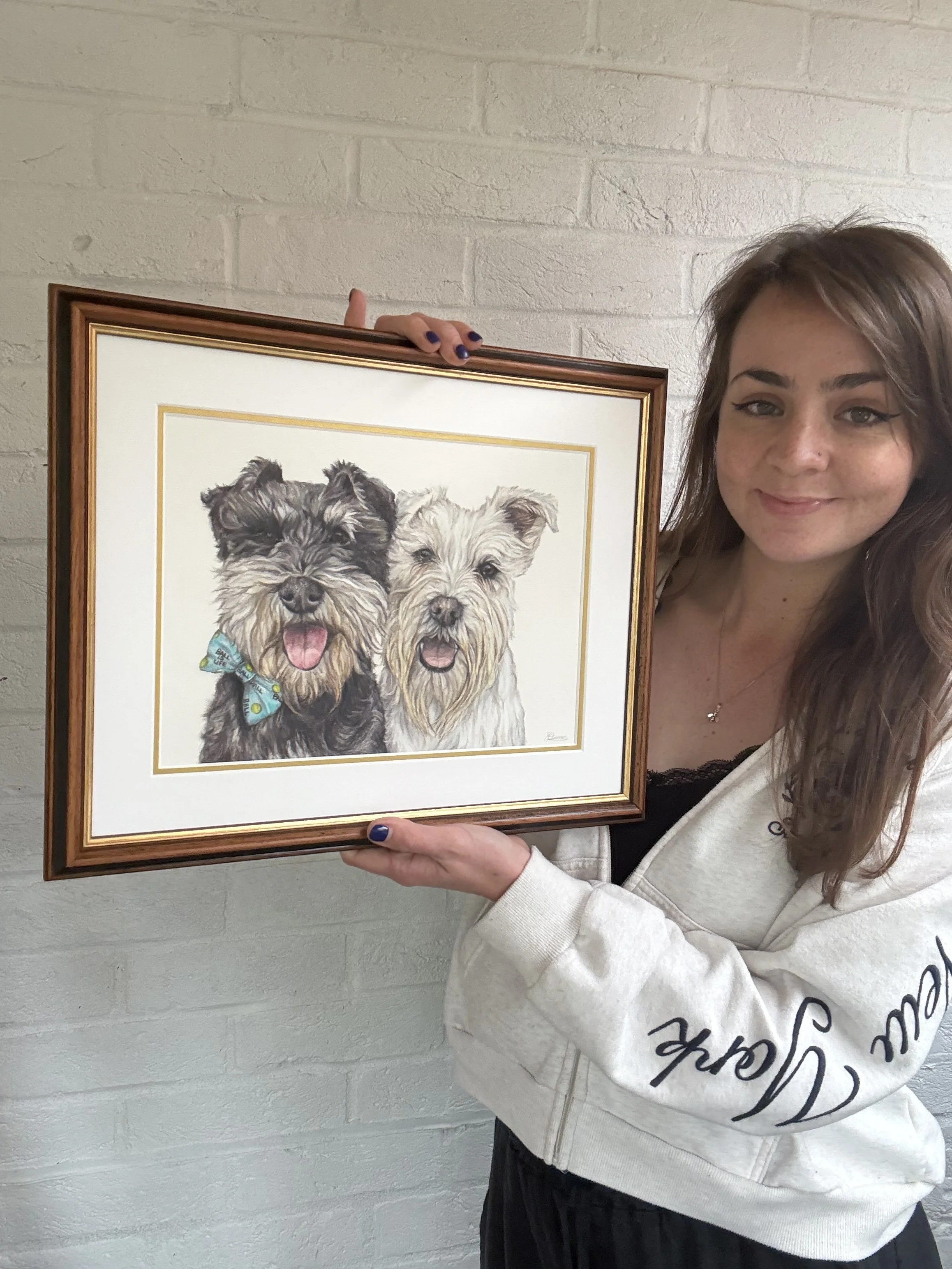 artist holds a framed coloured pencil drawing of two miniature schnauzers. 