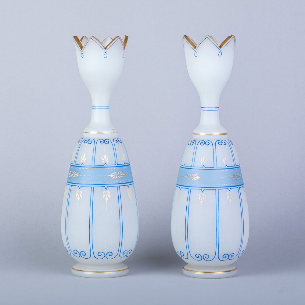 Pair of Hand Painted Antique Opaline Vases from the First French Empire