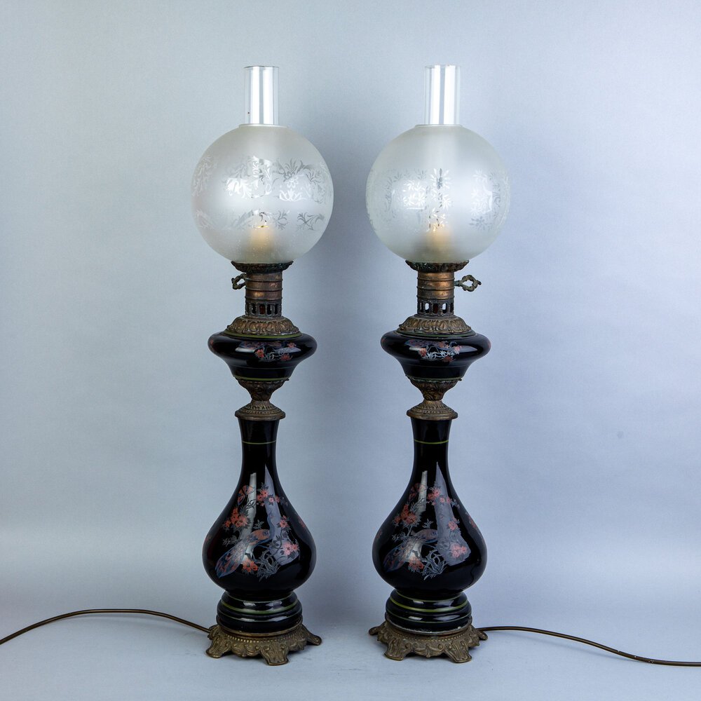 Pair of antique French Opaline Table Lamps