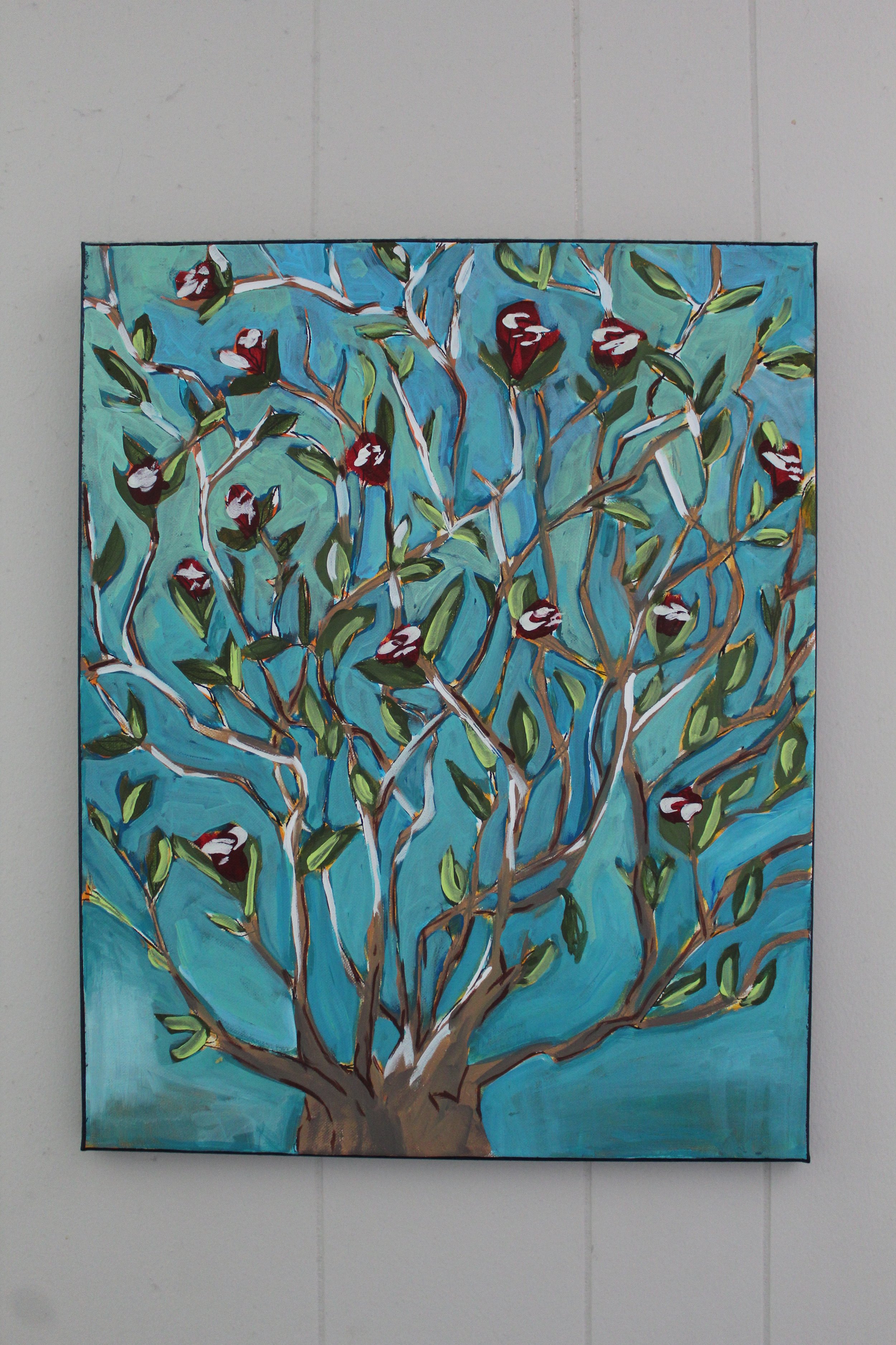 Painting of a tree with green leaves and red flowers against a blue background.