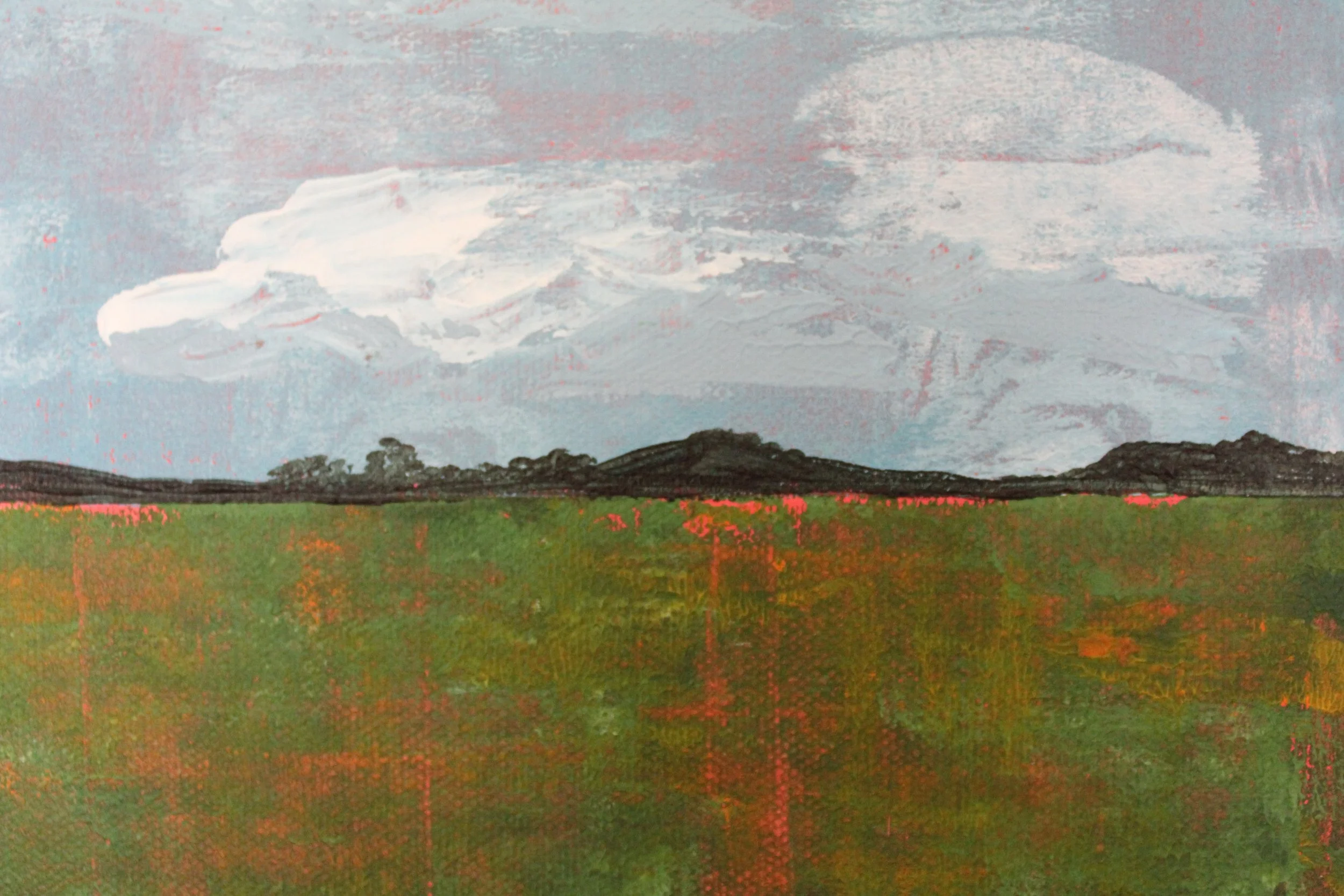 An abstract landscape painting of a green field with scattered orange and yellow patches, a line of dark trees on the horizon, a blue sky with gray clouds, and a large white cloud formation.