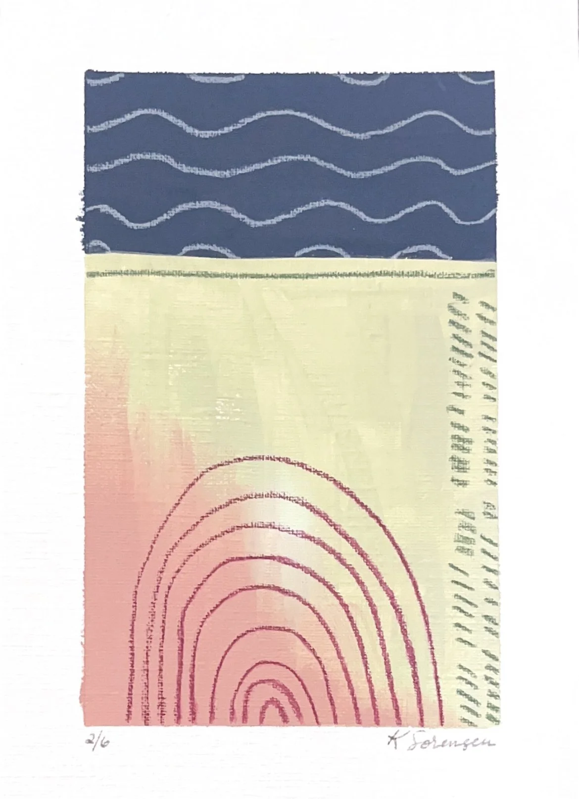 Abstract artwork with wavy blue lines at the top, a yellow section in the middle, and pink concentric arches at the bottom, with handwritten text on the right side and signature at the bottom right.