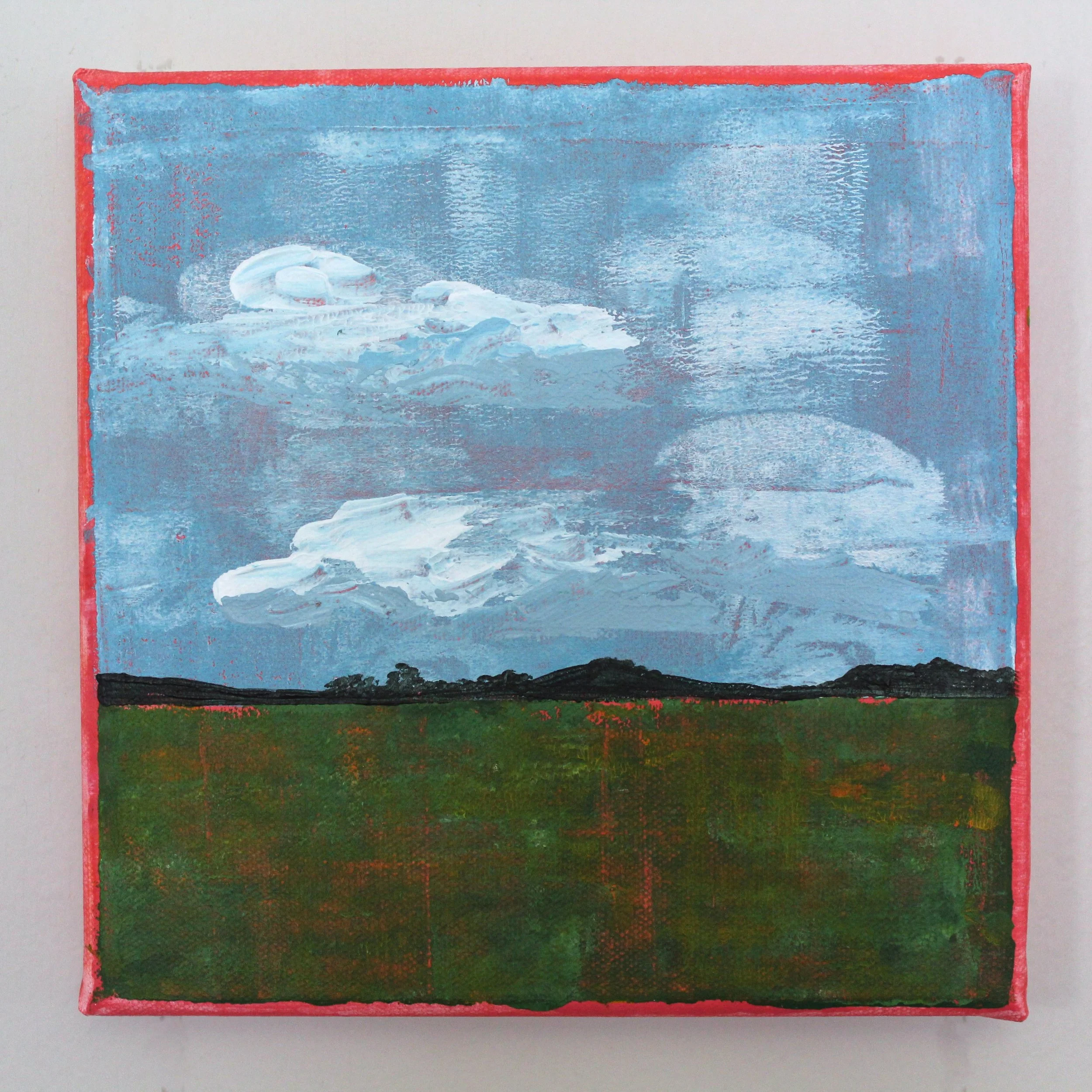 A landscape painting depicting a sky with clouds and a green field below, with a red border around the canvas.