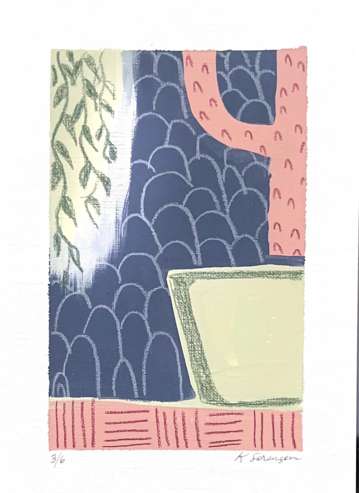 Abstract artwork with various colored sections, including a green leafy pattern on the left, blue with scalloped pattern in the center, pink with small marks on the right, and a red section with lines at the bottom. Signed with limited edition notati