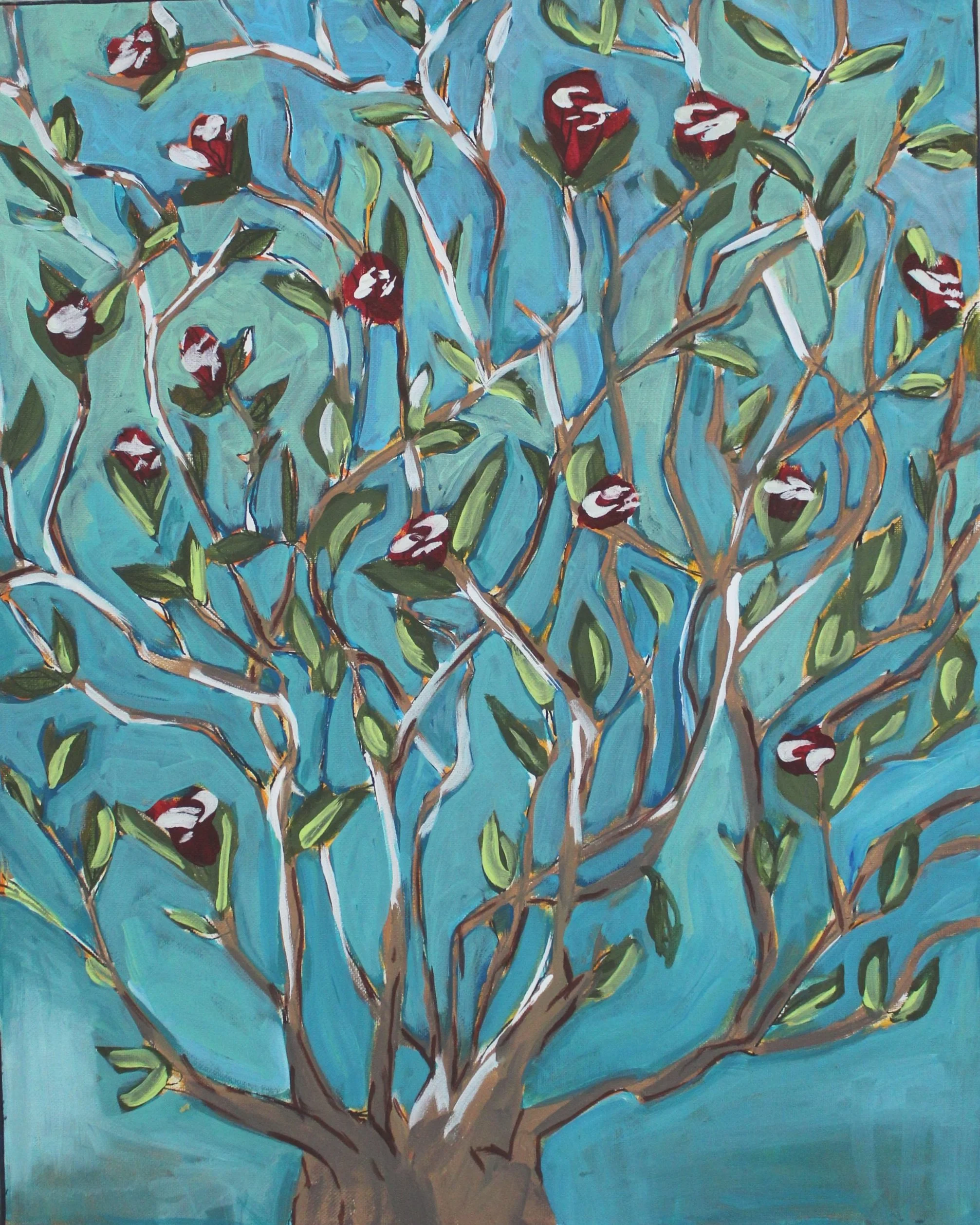 Painting of a tree with green leaves and red and white flowers against a blue background.
