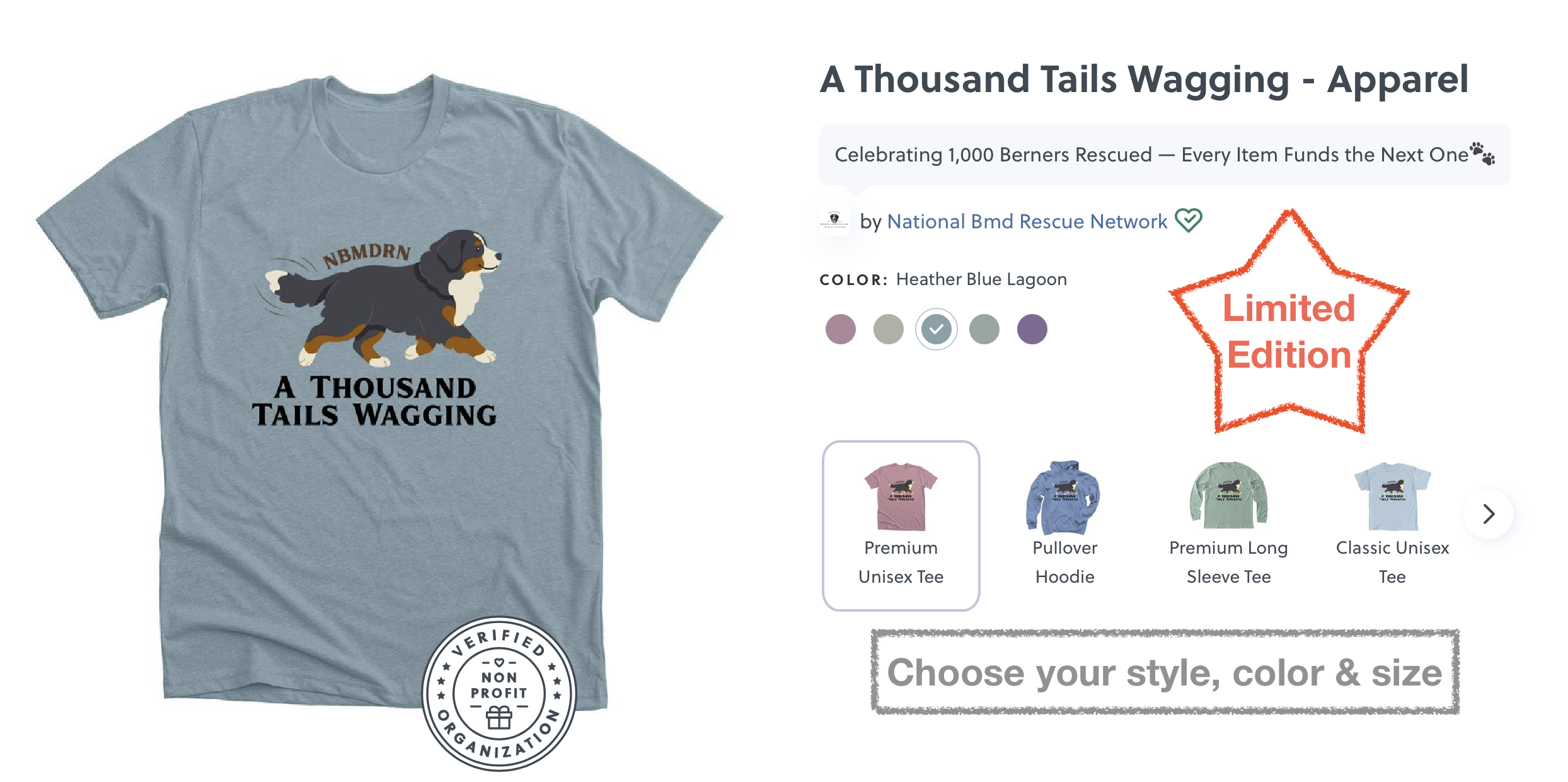 screenshot of bonfire apparel website featuring a berner dog and wording a thousand tails wagging