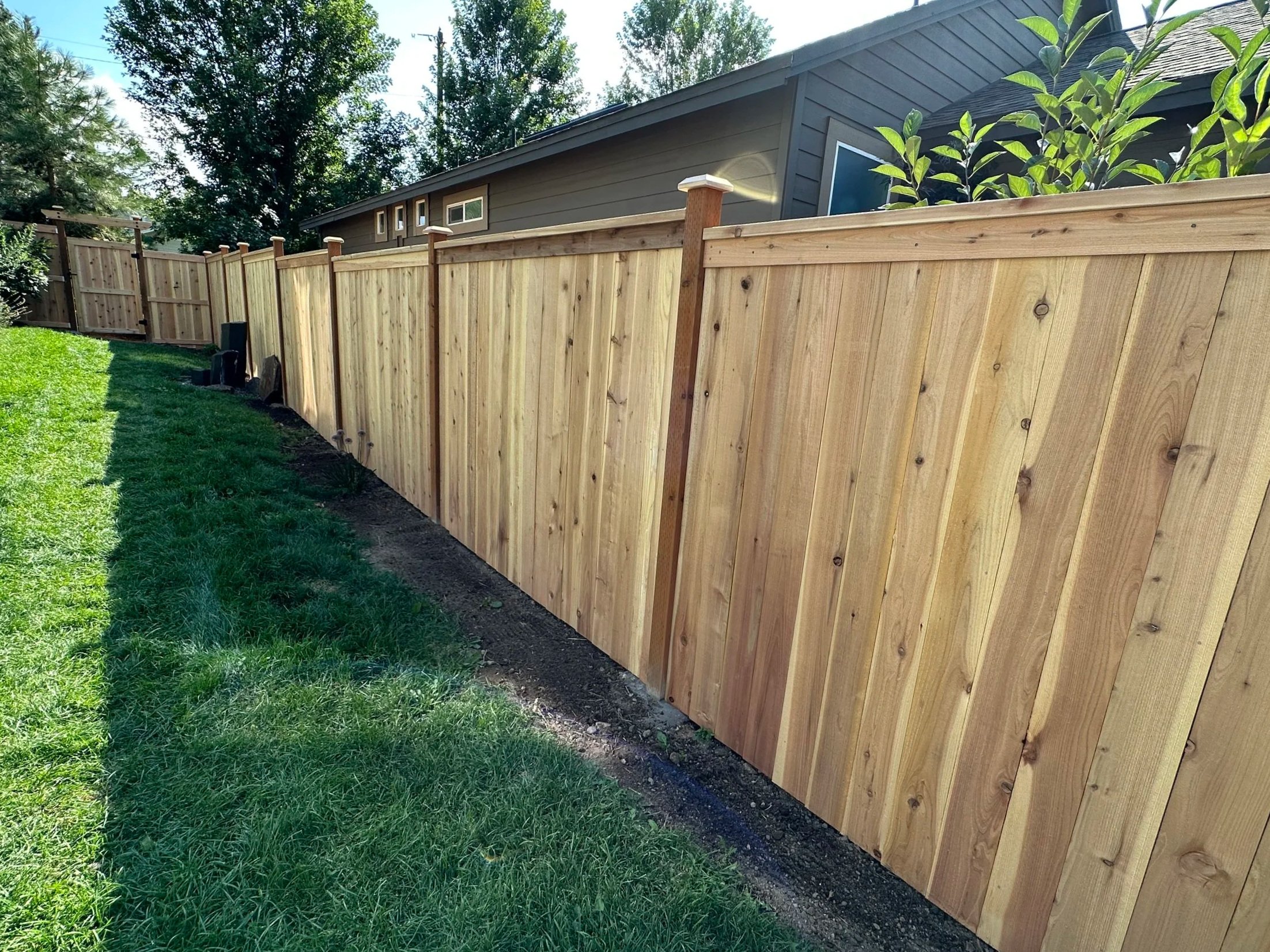 vertical cedar fence with top cap, stepped fencing
