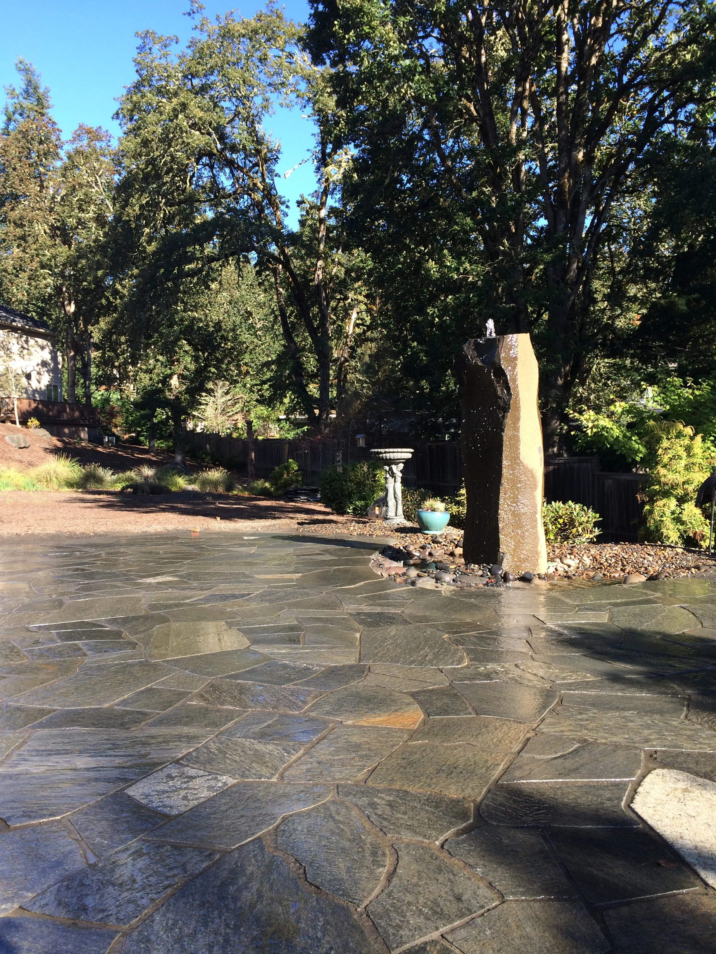 Flagstone patio with fountain