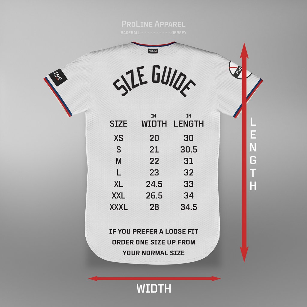 ProLine Mockups Baseball Jersey Size Guide - USA
