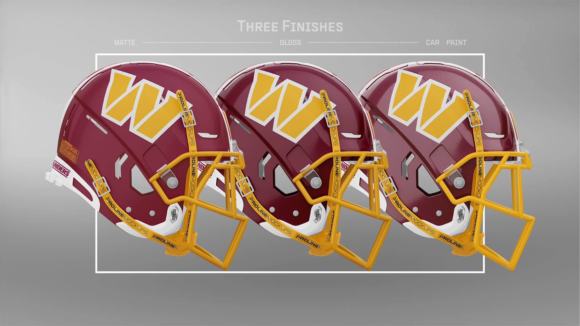 Trio of Washington Commanders helmets mocked up on a Photoshop template by ProLine Mockups.