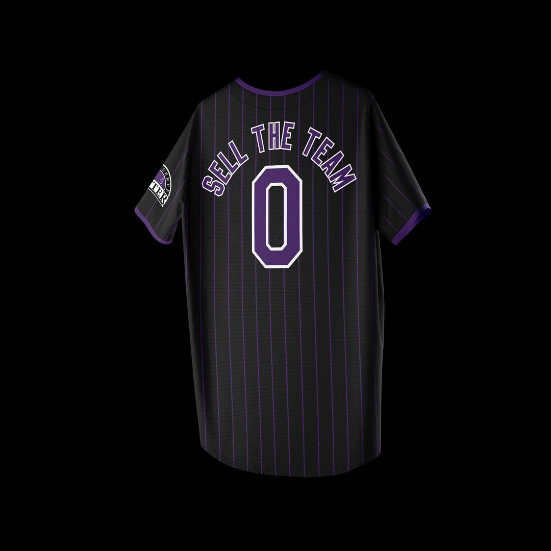 Colorado City Disconnect jersey by ProLine Mockups. A black jersey with purple pinstripes with "SELL" in Colorado Rockies style lettering on the front and "WE DESERVE BETTER" patch on the sleeve.
