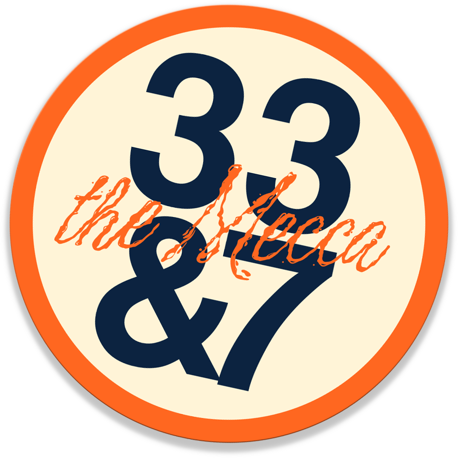 The Bleachers "33 & 7" circular sticker shown at a slight angle, navy and orange design on cream background.
