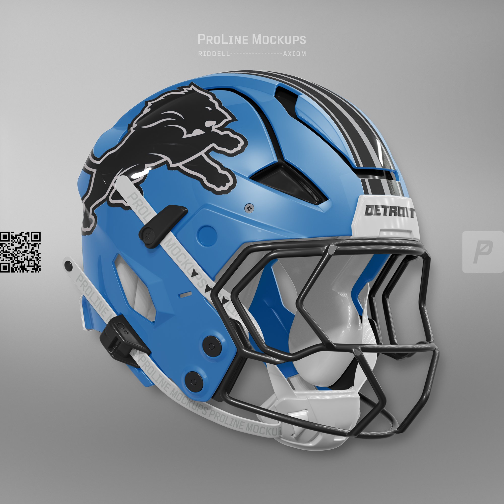 ProLine Riddell Axiom football helmet mockup template for Photoshop - three quarters view - Detroit Lions blue alternate helmet