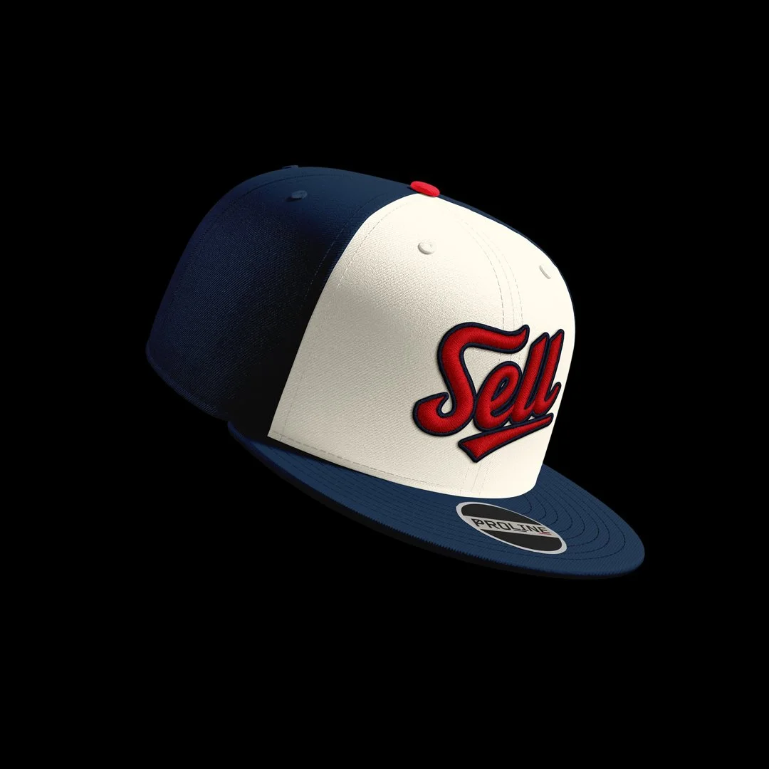 Minnesota City Disconnect hat by ProLine Mockups. A black hat with purple bill and button with "SELL" in Minnesota Twins style lettering on the front.