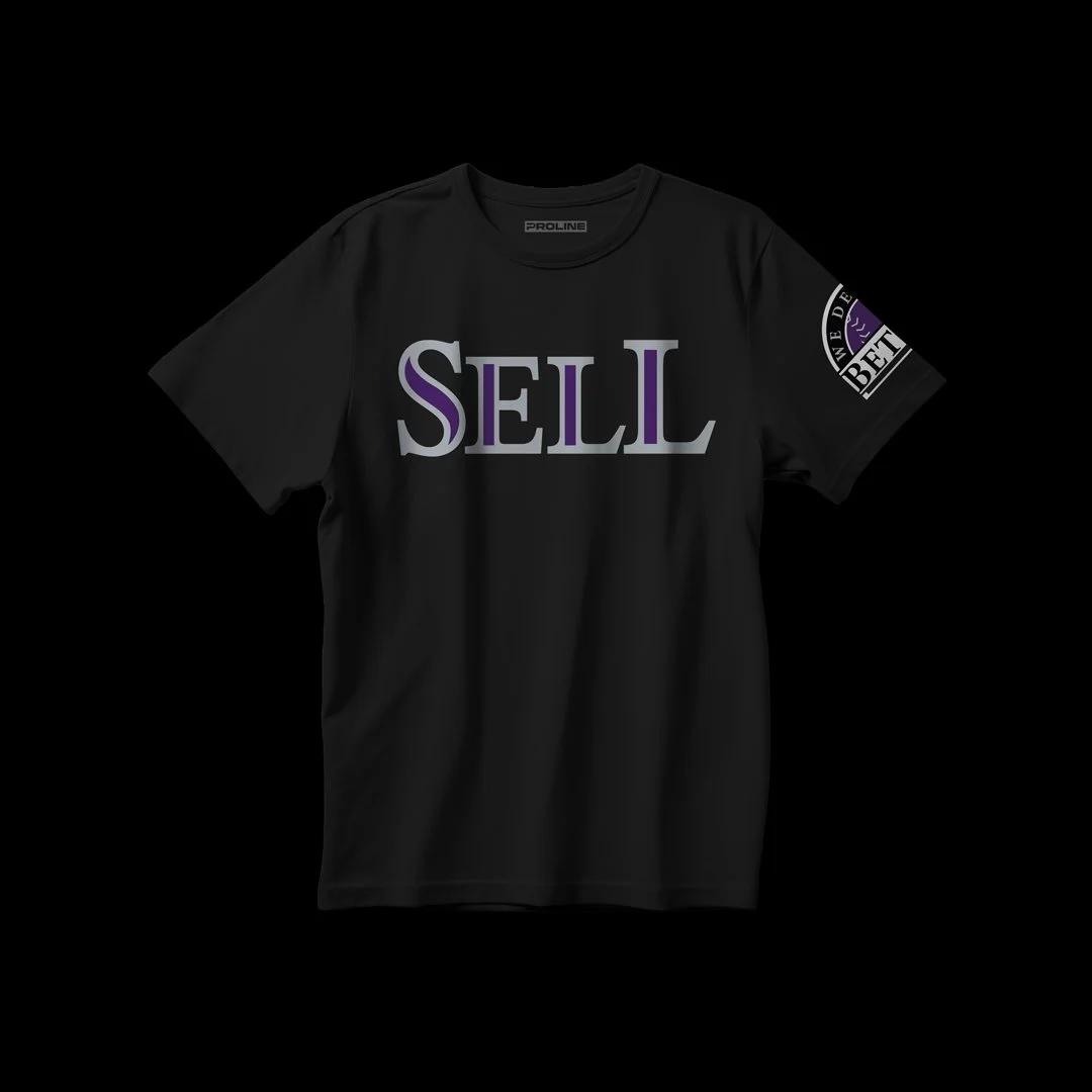 Colorado City Disconnect shirt by ProLine Mockups. A black shirt with "SELL" in Colorado Rockies style lettering on the front and "WE DESERVE BETTER" logo on the sleeve.