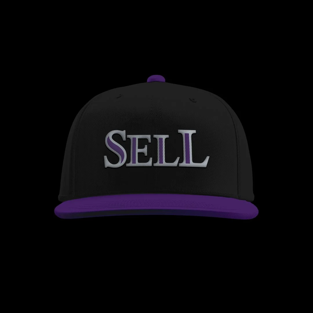 Colorado City Disconnect hat by ProLine Mockups. A black hat with purple bill and button with "SELL" in Colorado Rockies style lettering on the front.