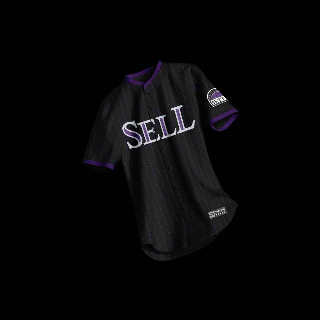 Colorado City Disconnect jersey by ProLine Mockups. A black jersey with purple pinstripes with "SELL" in Colorado Rockies style lettering on the front and "WE DESERVE BETTER" patch on the sleeve.