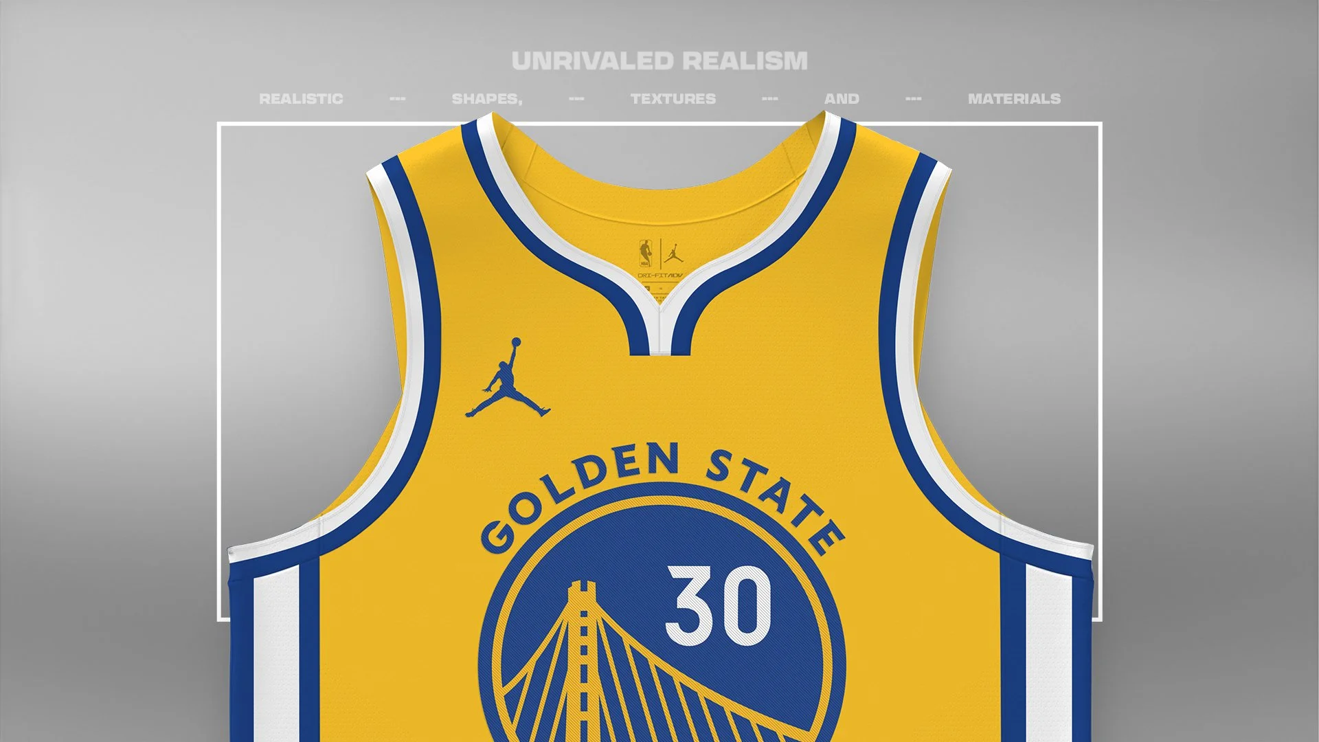 Zoom shot of ProLine Mockups Figma basketball jersey template featuring a yellow Golden State Warriors design.