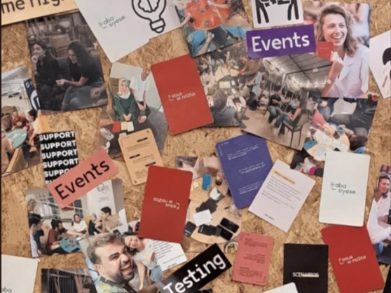 A corkboard covered with various photos, event flyers, and informational cards about support, testing, and community activities.