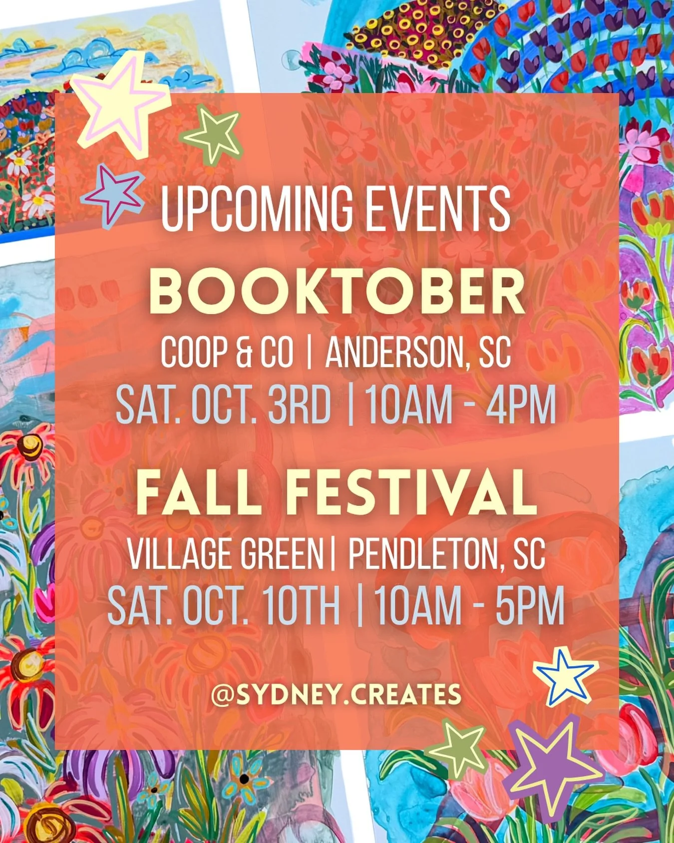 Here is where you can find me this October! Can&rsquo;t wait to meet lots of new faces, reconnect, and share my art with you!! 

Sat. Oct. 3rd - @shopcoopandco Booktober 🍁📚
Sat. Oct. 10th - Pendleton Fall Festival 🎃🍂