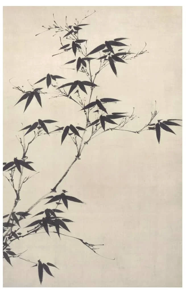 A traditional ink painting of a bamboo branch with leaves, symbolizing resilience for Asian women coaches.