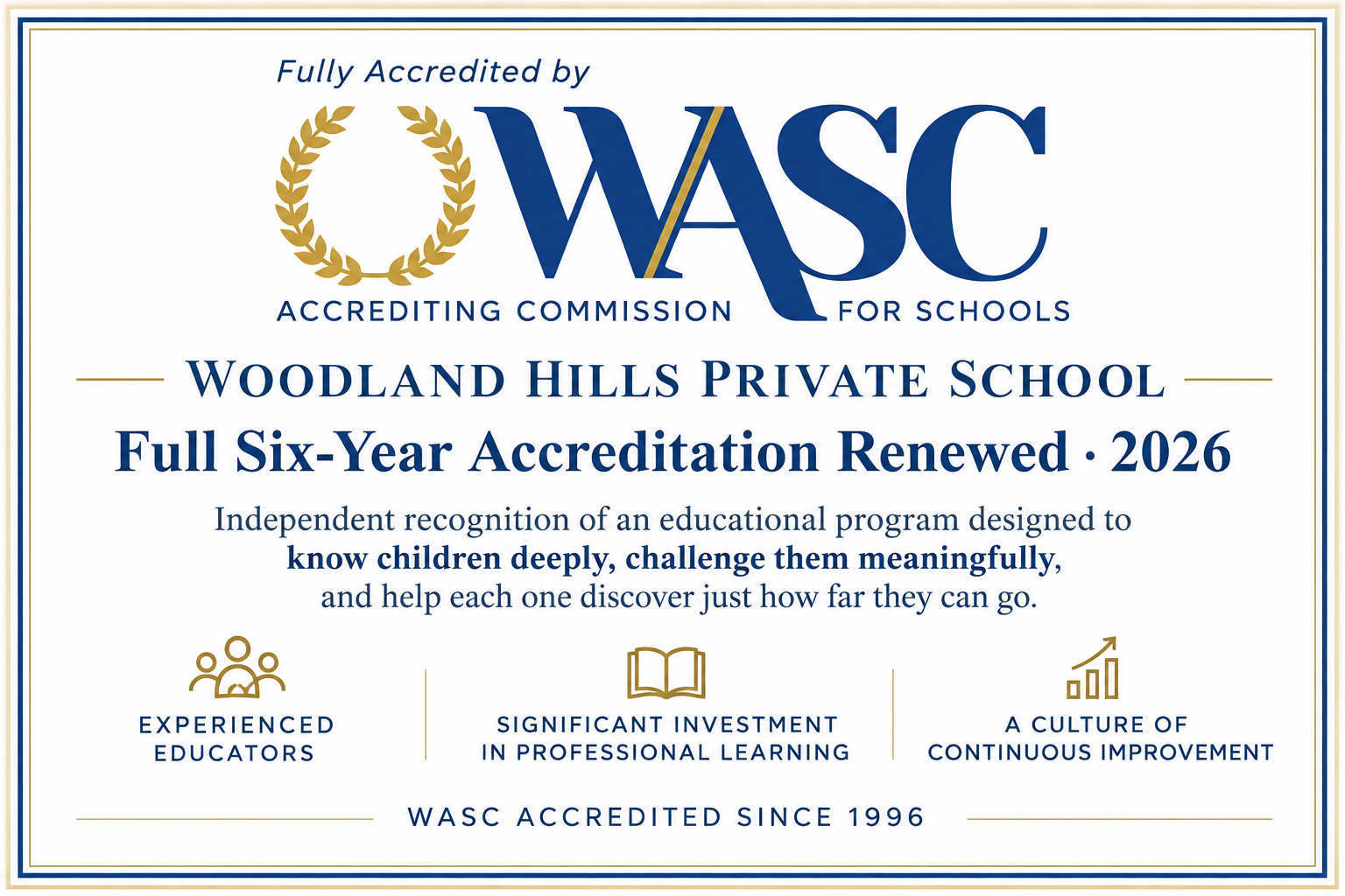 Woodland Hills Private School full six-year WASC accreditation renewed in 2026