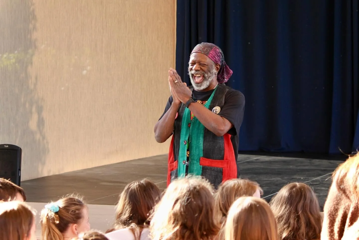 Storyteller Michael D. McCarty speaking with WHPS students