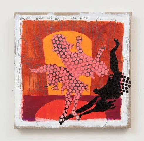 Andy Ness, When Did We Go to Palermo, 2026. Gouache, ink, metallic leaf, pigment dispersion, pencil on linen, 16x16 inches.