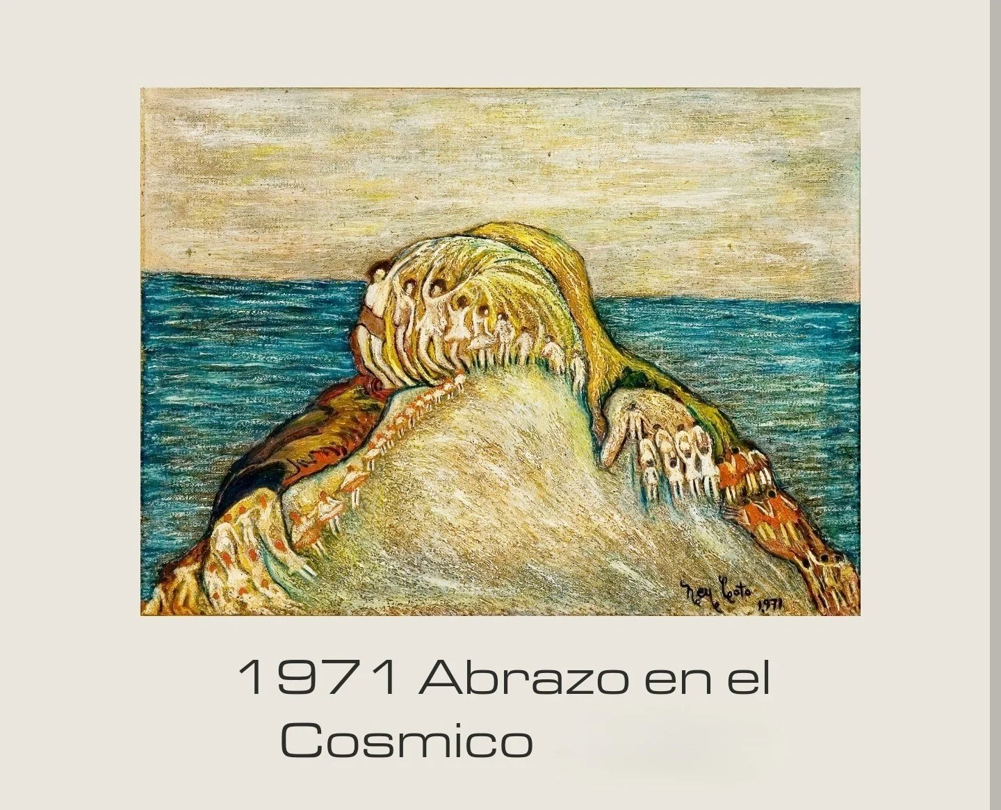 An abstract painting of a giant creature with multiple faces and figures on its body, lying on the ground near the sea, with a pastel sky in the background. Signed by the artist in the bottom right corner with the name and date.