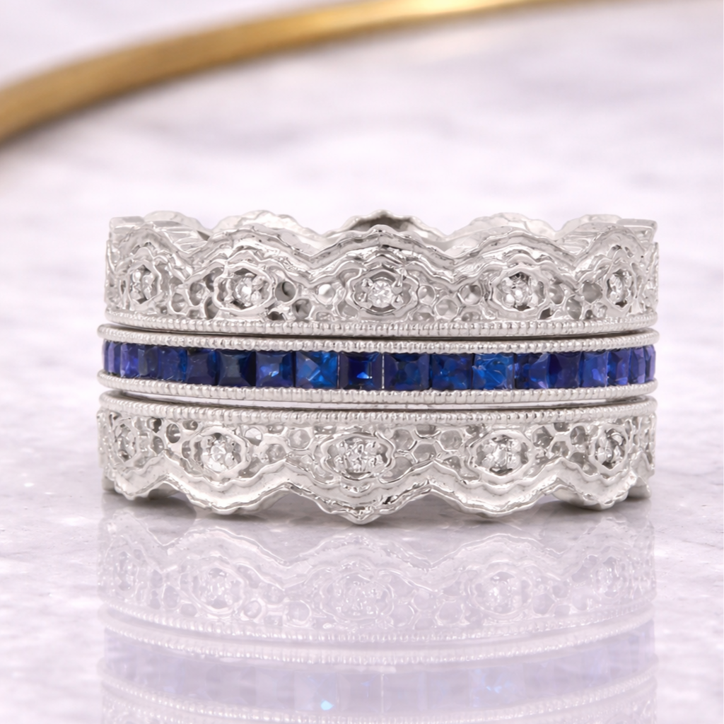 Sapphire and Lace Stacked Wedding Bands