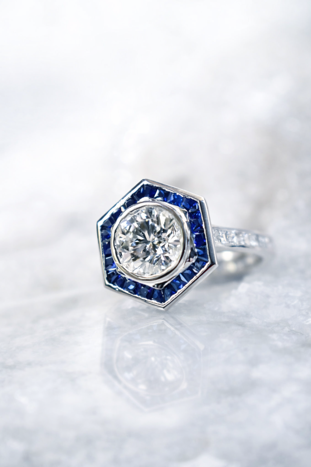 Sapphire and Diamond Hexagon Engagement Ring