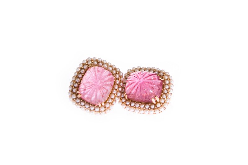 Carved Rubellite Tourmaline _ Pearl Earrings 2.jpg