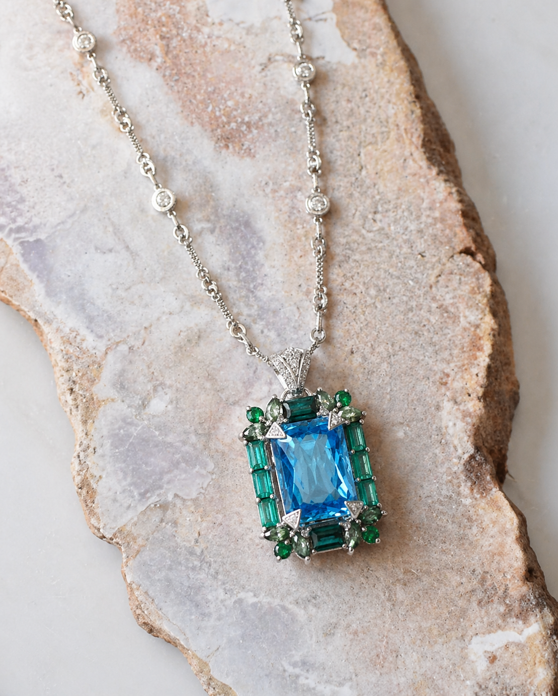 Aquamarine and Emerald Cluster Necklace