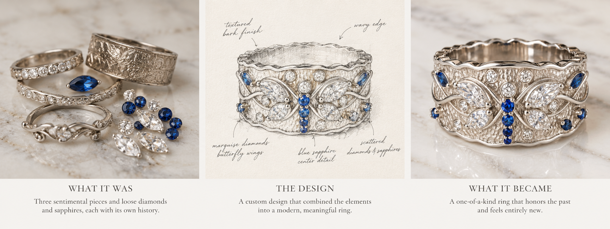 Display of three rings and diamond and sapphire jewelry, with a sketch of a butterfly-themed ring in the center showcasing design details, including textured bark finish, wavy edges, butterfly wings, blue sapphire and diamonds.
