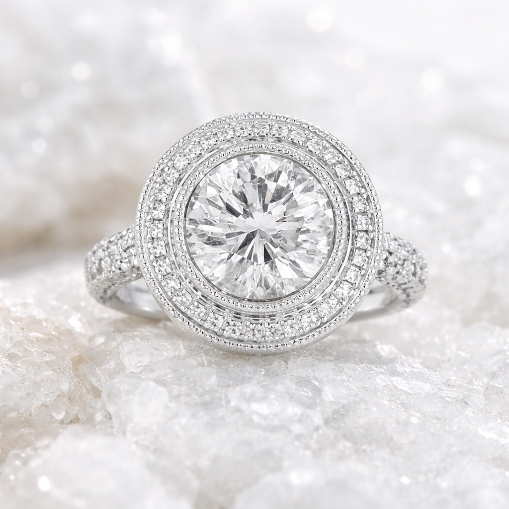Round Diamond Milgrain and Diamond Halo Engagement Ring
