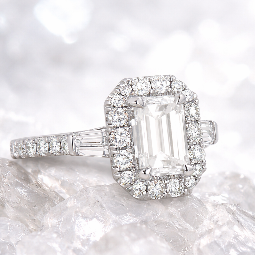 Lace-Inspired Emerald Cut Engagement Ring