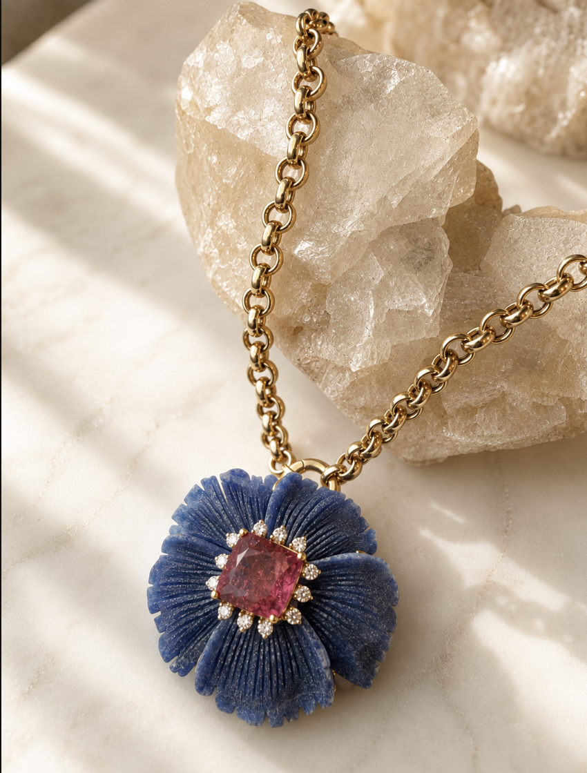 Carved Flower Tourmaline & Diamond Necklace