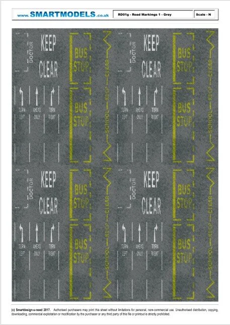 RD01g - Road markings sheet number 1 - Grey (N Scale)