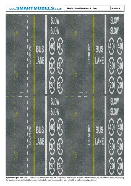 RD07g - Road markings sheet number 7 - Grey (N Scale)