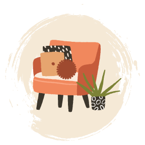 Orange chair, succulent plant on beige background. The logo of Embodied Awareness Psychotherapy, offering therapy in Chapel Hill & Durham. Online Therapy Available in NC.