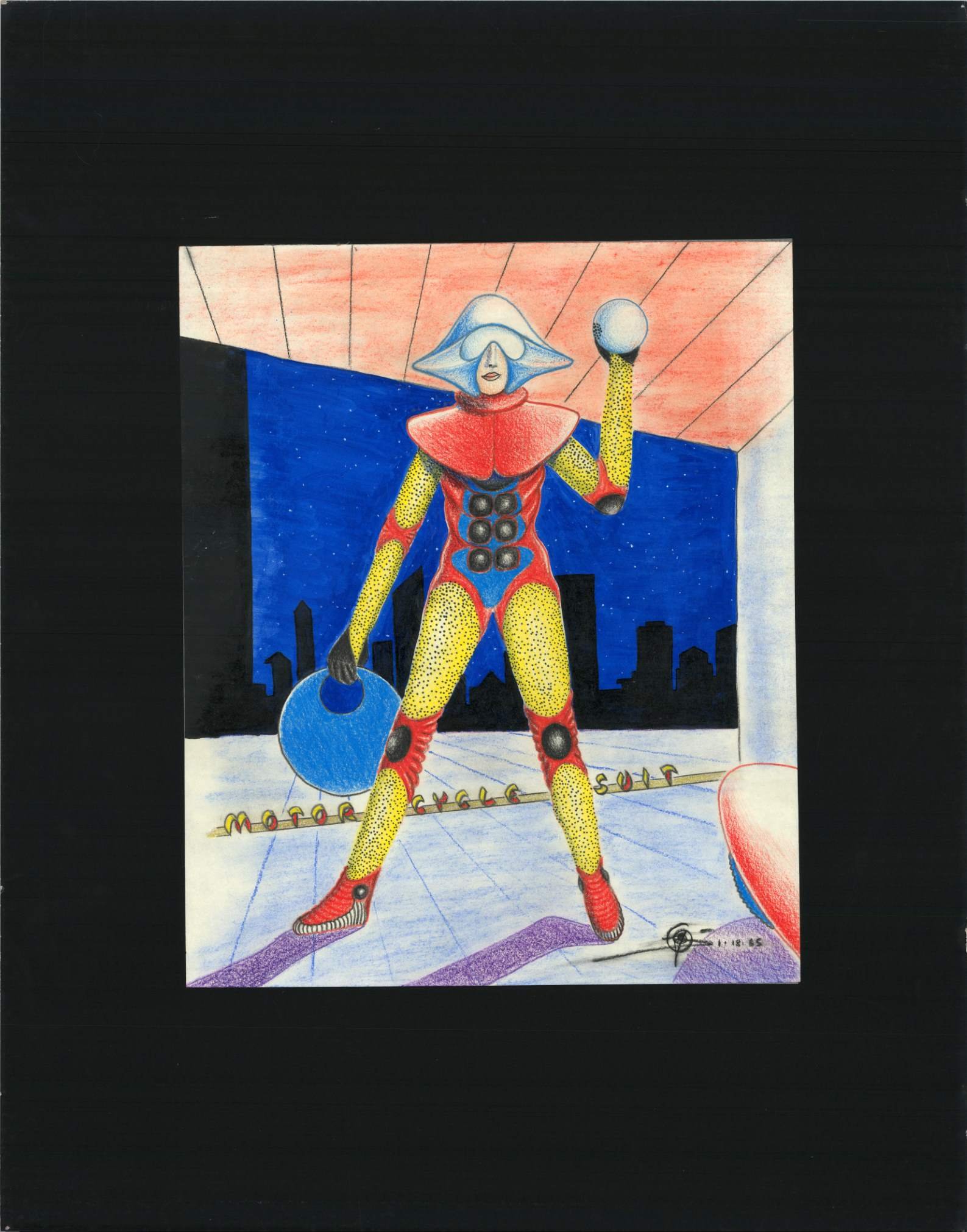 (72dpi) 1219_Motorcycle Suit UC Berkeley Fine Art Dept. Museum Exhibition Drawing__Clothing Design_Color_22W by 28H_1985-01-18.jpg