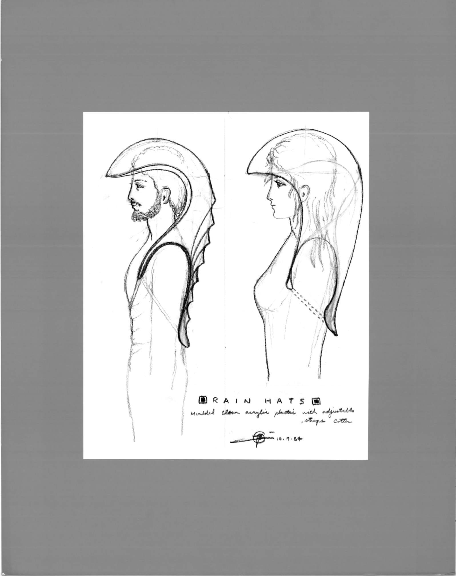 (72dpi) 1181_Rain Hats UC Berkeley Fine Art Dept. Museum Exhibition Drawing__Clothing Design_B_W_22W by 28H_1984-10-19.jpg